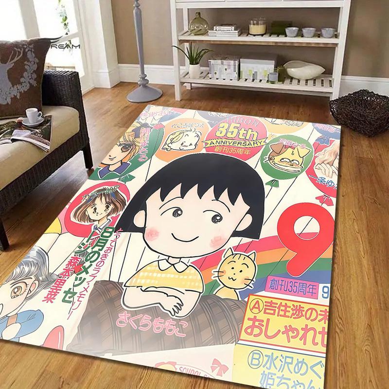 Chibi Maruko‑chan2 Flannel Pattern Square Carpet,Area Rug,Carpet Rug for Living Room Bedroom Sofa Playroom Decor,Non-slip Floor Mat