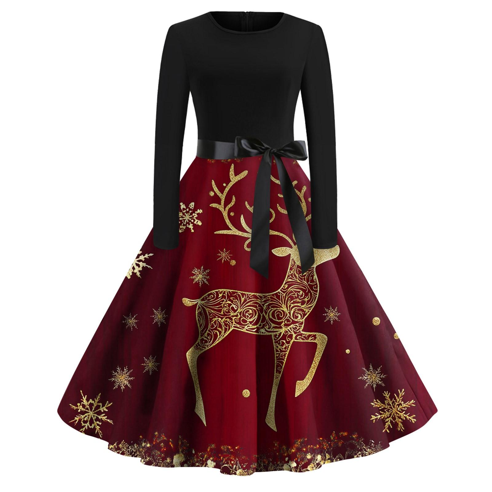 

Женское модное винтажное платье с длинным рукавом и круглым вырезом с рождественским принтом XXXXXL киноварь