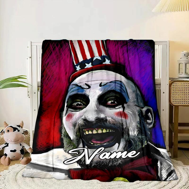 Custom Name Horror Clown Artwork Blanket bed sofa Blanket Flannel Blanket for Camping, Hiking, Picnic Essentials,gift for family and friends