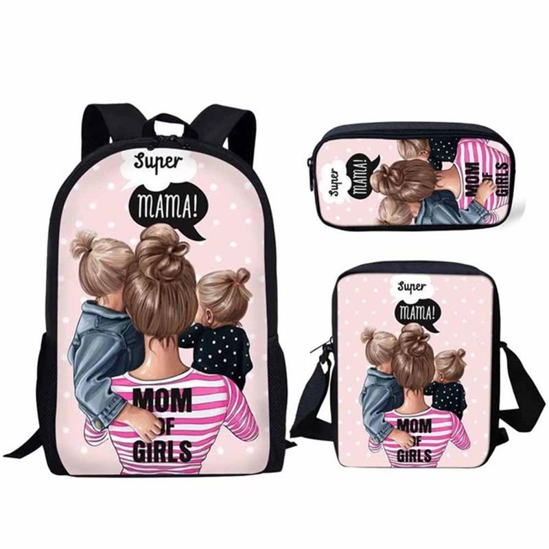 Classique Populaire Super Maman et Papa Impression 3D 3 pièces/Ensemble élève Sacs d'école Sac à dos pour ordinateur portable Sac à dos Sac à bandoulière incliné Trousse