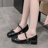 One word with fairy style with skirt Mary Jane shoes square head 2025 bow French retro silver thick heel single shoes