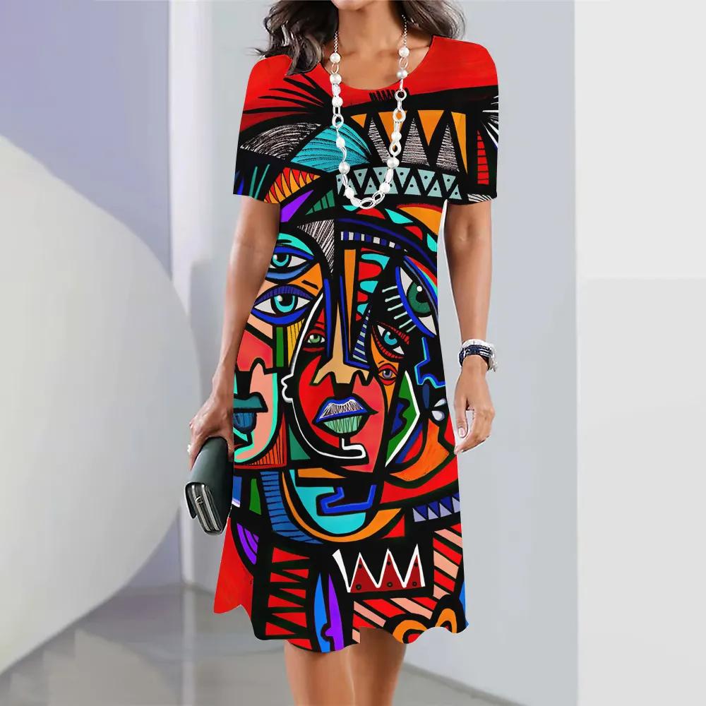 2026 New Summer Fashion Women's Short-sleeved Loose Dress Ladies Holiday Casual Loose Round Neck Dress 3d Facial Printing Clothes