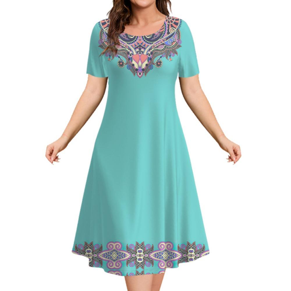2026 Summer Fashion Ethnic Short-sleeved Mid-length Dress Women Retro Printed Luxury Dress