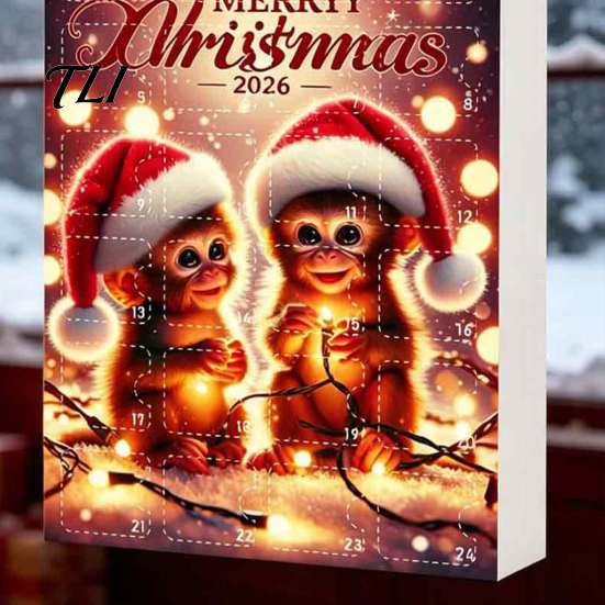 Holiday Box Christmas Monkey Advent Calendar, 24 Days Countdown Calendar with 2D Acrylic Collectible Figurine Ornament, Funny Animal Xmas Tree Hanging