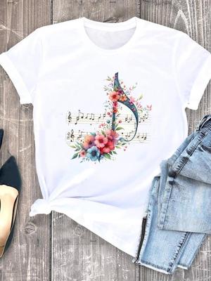 (Taille asiatique) T-shirt à manches courtes et col rond pour femme, décontracté, tendance florale, années 90, imprimé tendance
