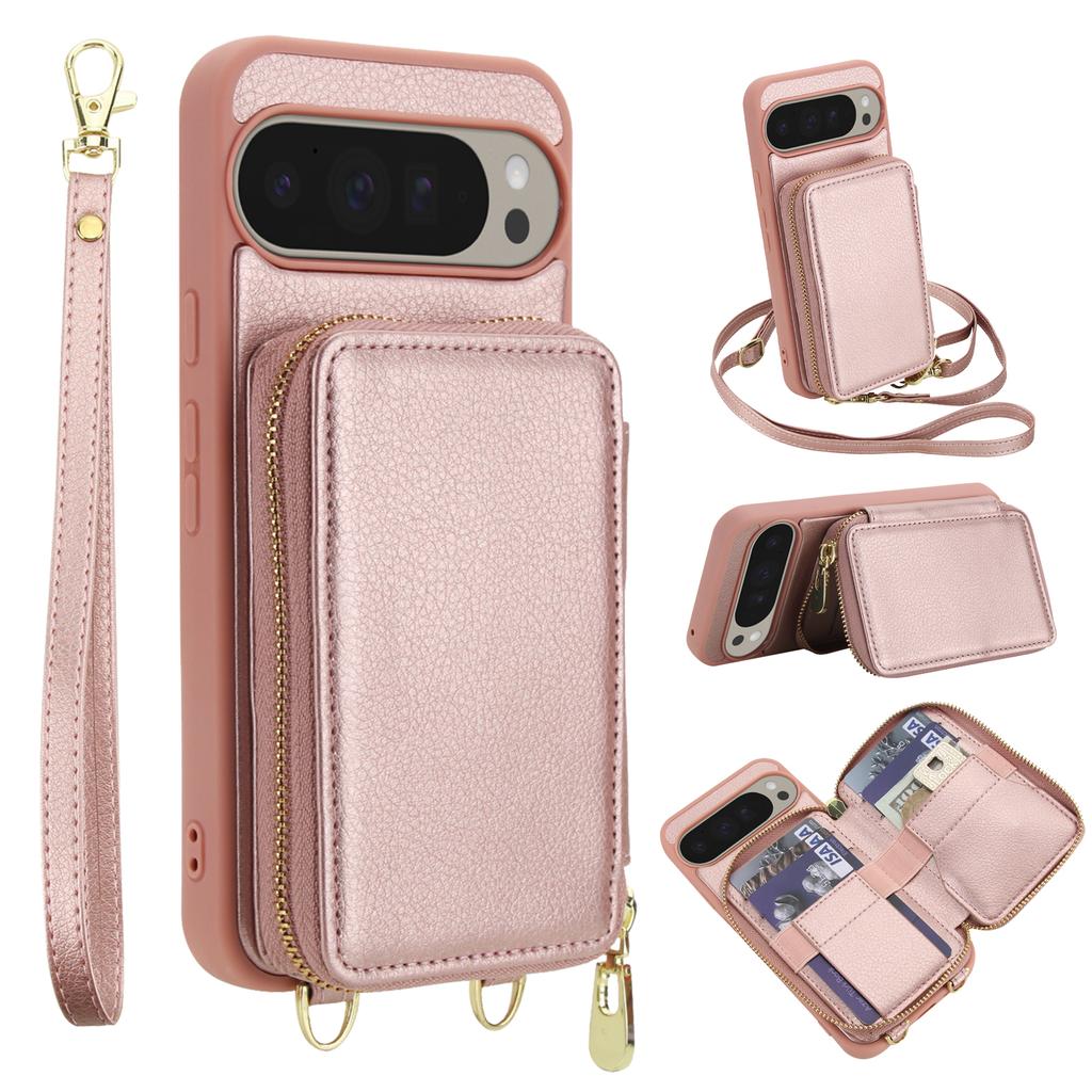 For Google Pixel 9 Pro XL Case RFID Blocking Zipper Wallet Leather + TPU Phone Cover with Shoulder Strap