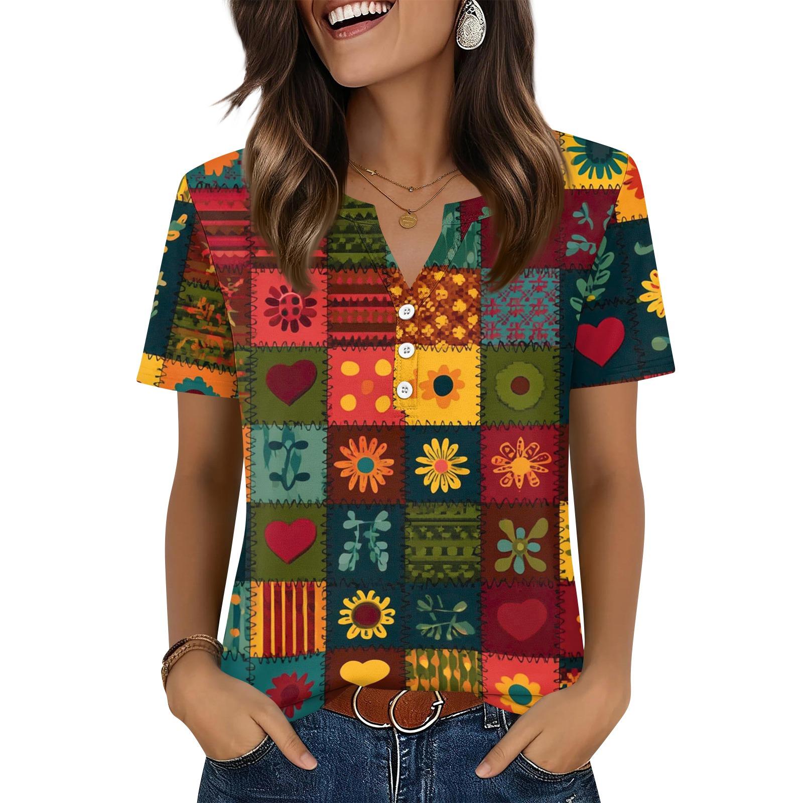 

Women s T Shirt Independence Day Print Button Short Sleeve Daily Weekend Fashion Basic V- Neck Regular Top XXL шафрановий