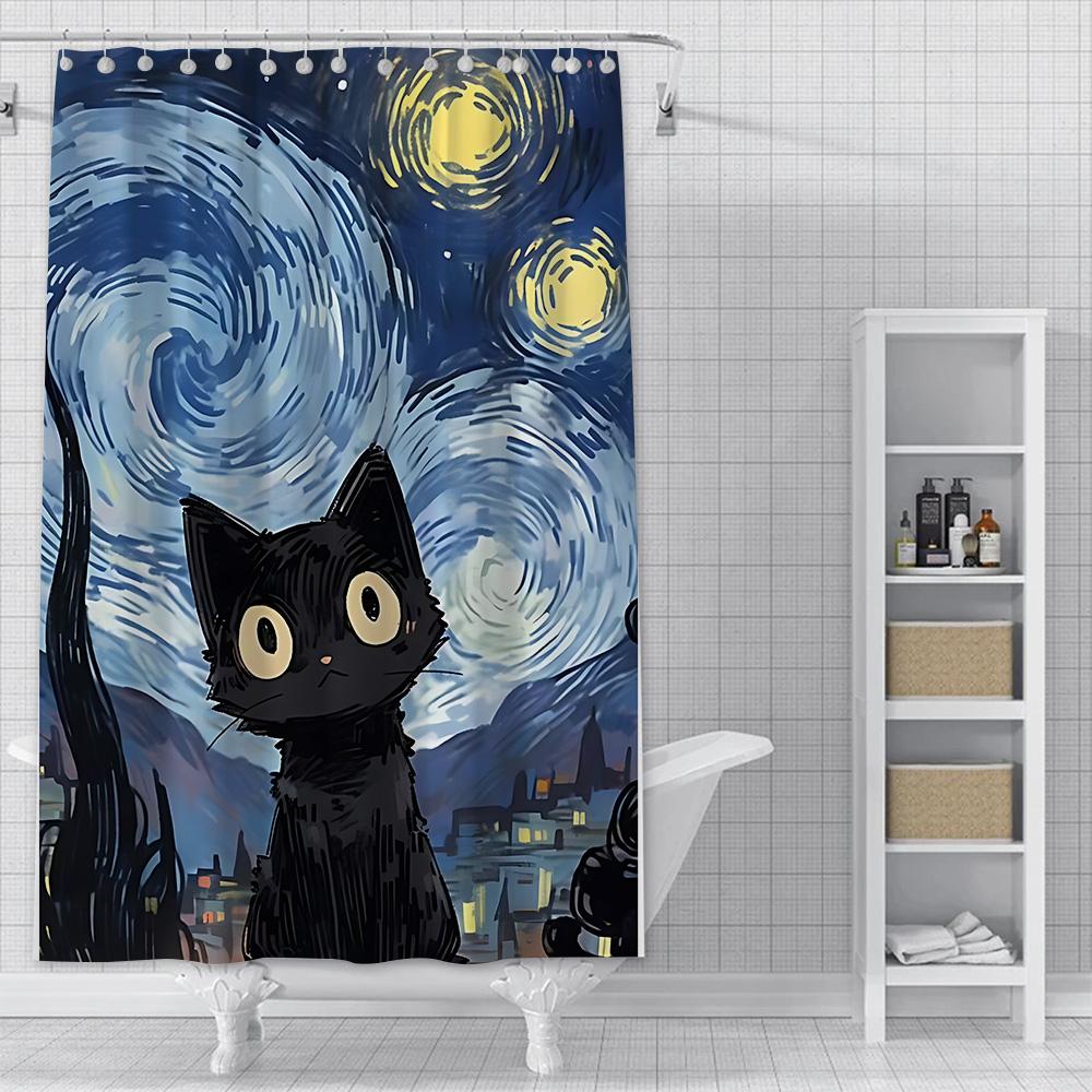 Shower Starry Sky Cat Curtain Waterproof Polyester Fabric Paint Colorful Bath Curtains Home Bathroom Decor Curtain With Hook