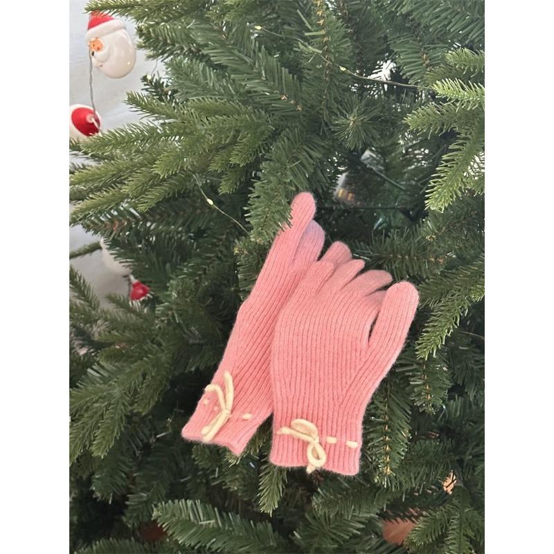 Student riding warm gloves autumn and winter cute bow knitted gloves female student finger gloves