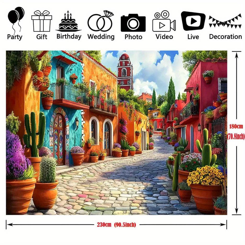 The Vibrant Mexican Village Party Banner - Colorful Street Scene with Potted Plants and Cobblestone Paths
