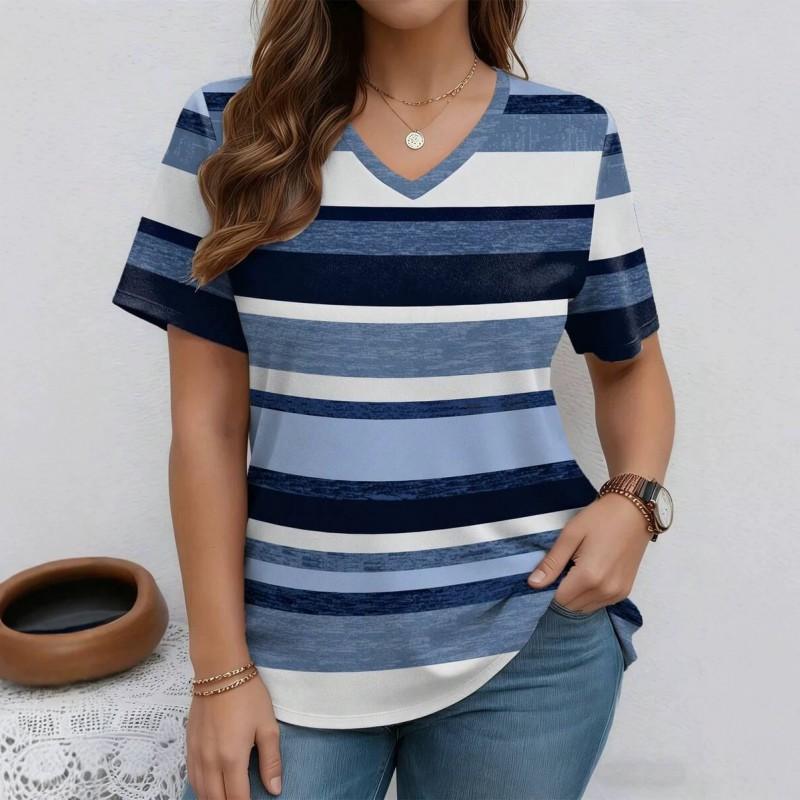 V-Neck Short Sleeve T-Shirt With Blue White Striped Print Loose Fit Casual Top Women 2025