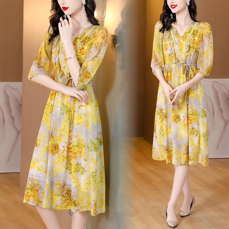 Dámské šaty Módní šaty s výstřihem do V Nové patchworkové šaty s krajkovým potiskem