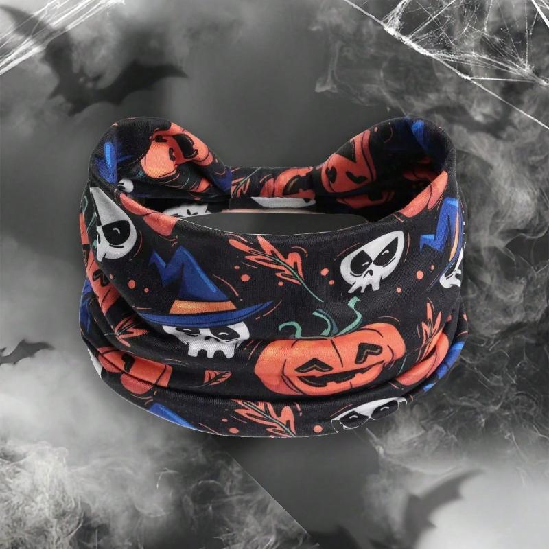 Women Pumpkin, Bat Wide Holiday Headbands, Festival Gift Hair Accessories Pumpkin Rose Boho Polyester Fashion All Season Women Scarf Fall Hair Band