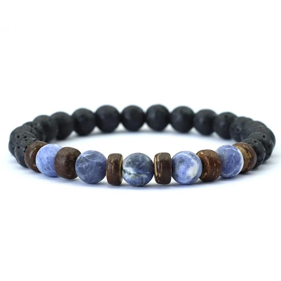 New Natural Wooden Bracelet For Men Meditation Braslet Volcanic Rock Braclet Gemstone Stretch Beaded Brazalete Pulsera