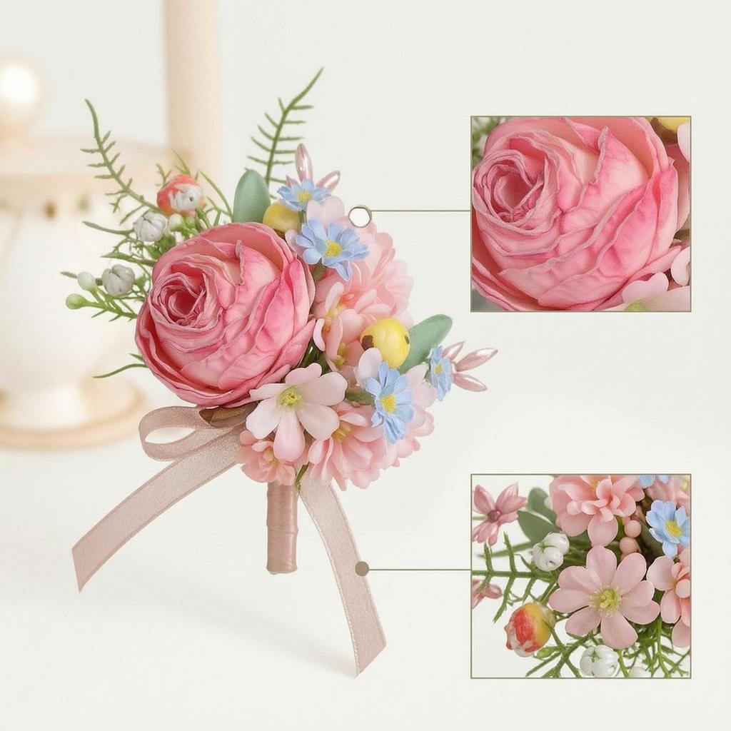 Faux Flower Corsage with Ribbon Pastel Artificial Rose Boutonniere Compact