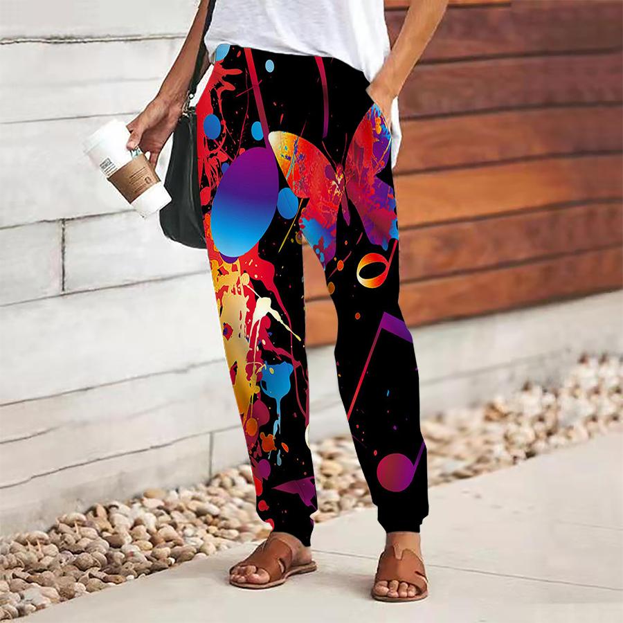 Women Musical Note Printing Pants Lace Up Elastic Waist Loose  Trousers Casual Long Pants Trousers with Pockets
