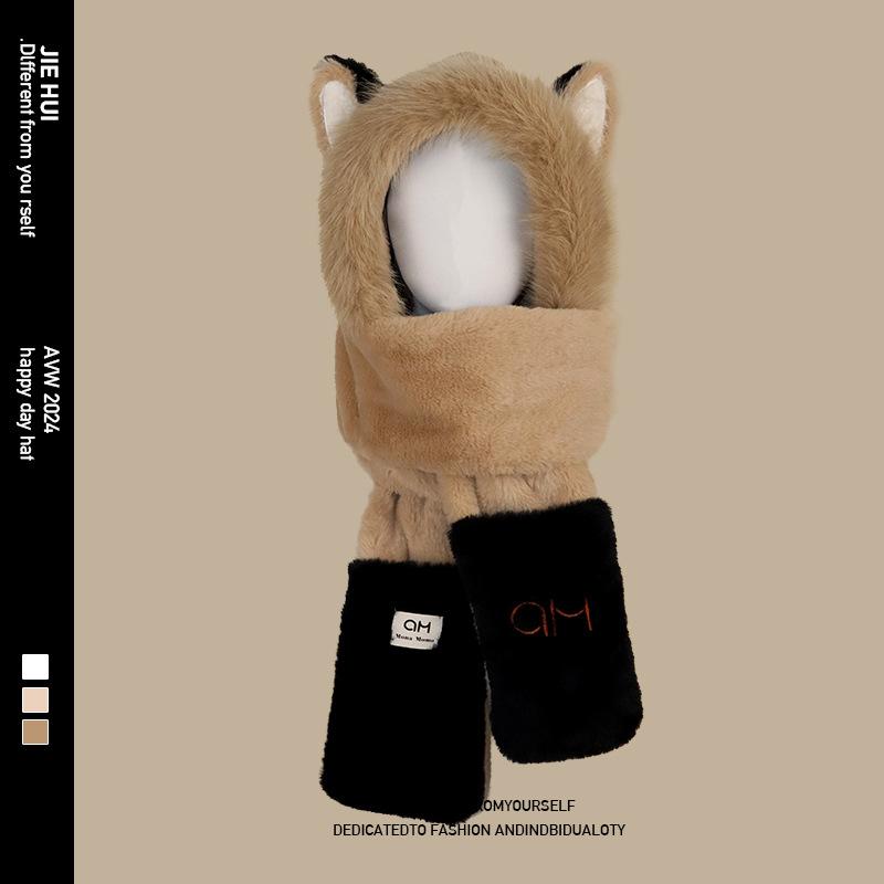Hat Winter Fluffy Fire Fox Ears Warm Ski Scarf Gloves Integrated Hat Women's Thickened Three-piece Set