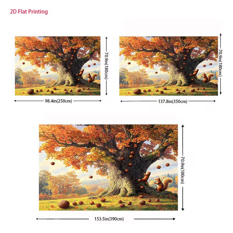 2D Fall Forest Backdrop, Autumn Oak Tree with Squirrels Background for Harvest Festival Decor