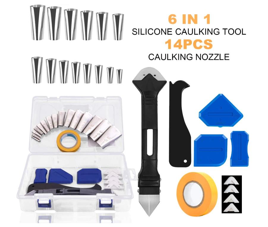 6 in 1 Silicone Reusable Caulking Tools Sealant Finishing Grout Scraper 14Pcs Caulk Nozzle Applicator Finisher Kit