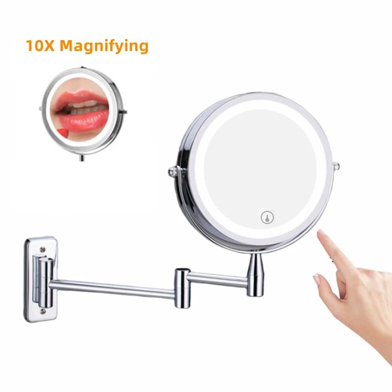 Wall Mounted Folding Arm Extend Bathroom Mirror With LED Light 10X Magnification Double Side Touch Dimming Makeup Mirrors