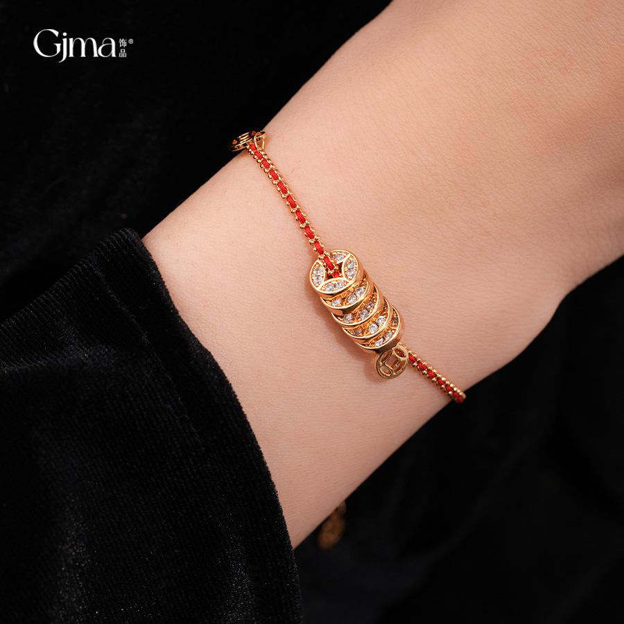 18k real gold electroplated new Chinese zircon copper coin red rope bracelet bracelet retro temperament jewelry