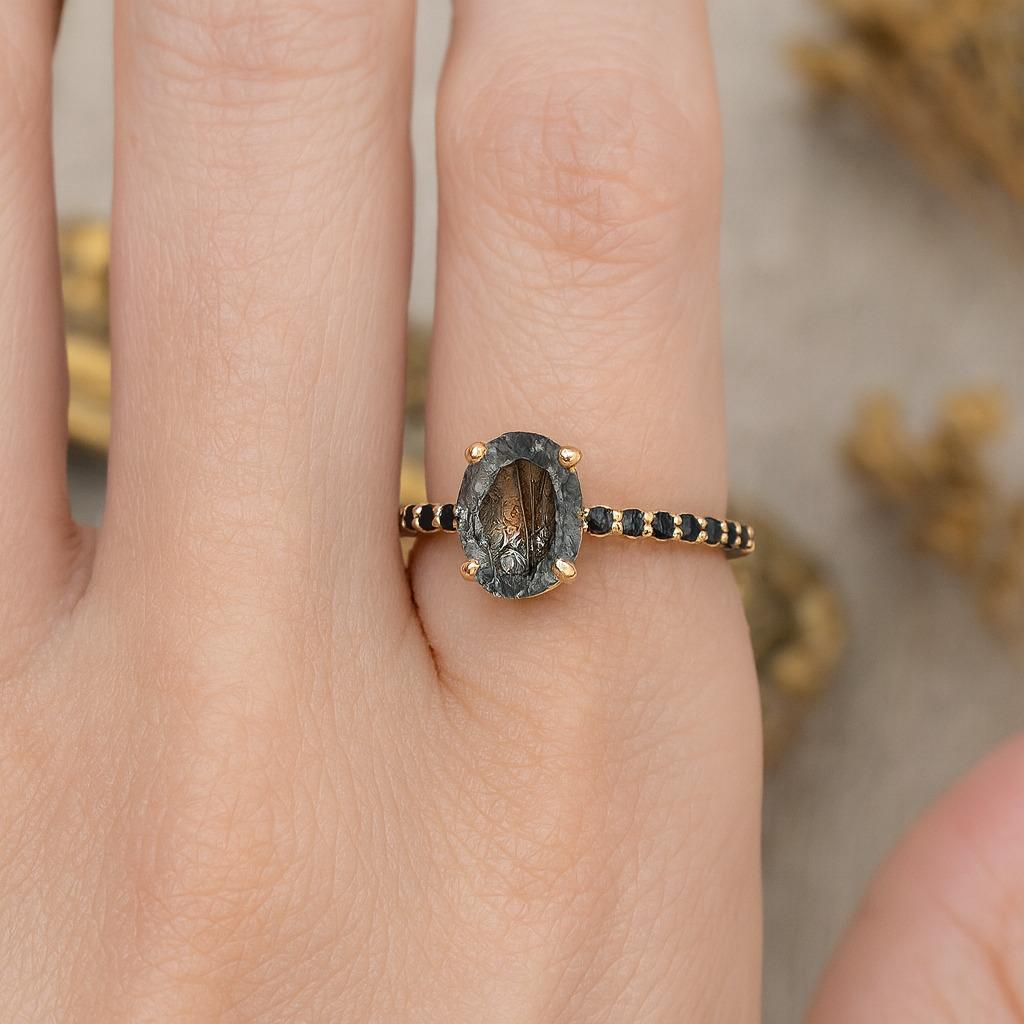 Black Rutile Quartz & Black Onyx Engagement Ring – Handmade Vintage Silver Ring for Women | Wedding, Anniversary, Promise Gift