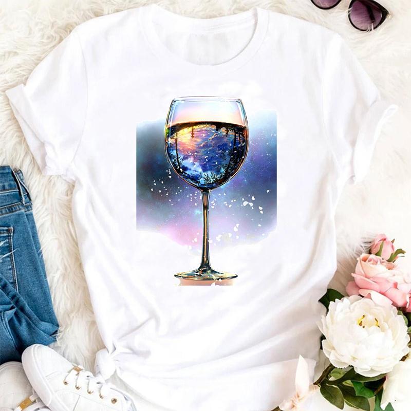 Women T Shirt Wine Glass And Starry Sky Print White Tshirt Female T-Shirt Fashion Short Sleeve Tee Tops Harjauku Cute Tshirt