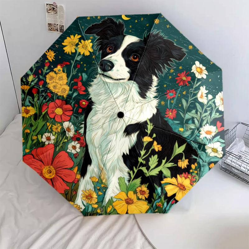 Moonlit Floral Dog Portrait Automatic Umbrella - Suitable Travel Outdoor Portable Umbrella Birthday Gift Daily Essentials