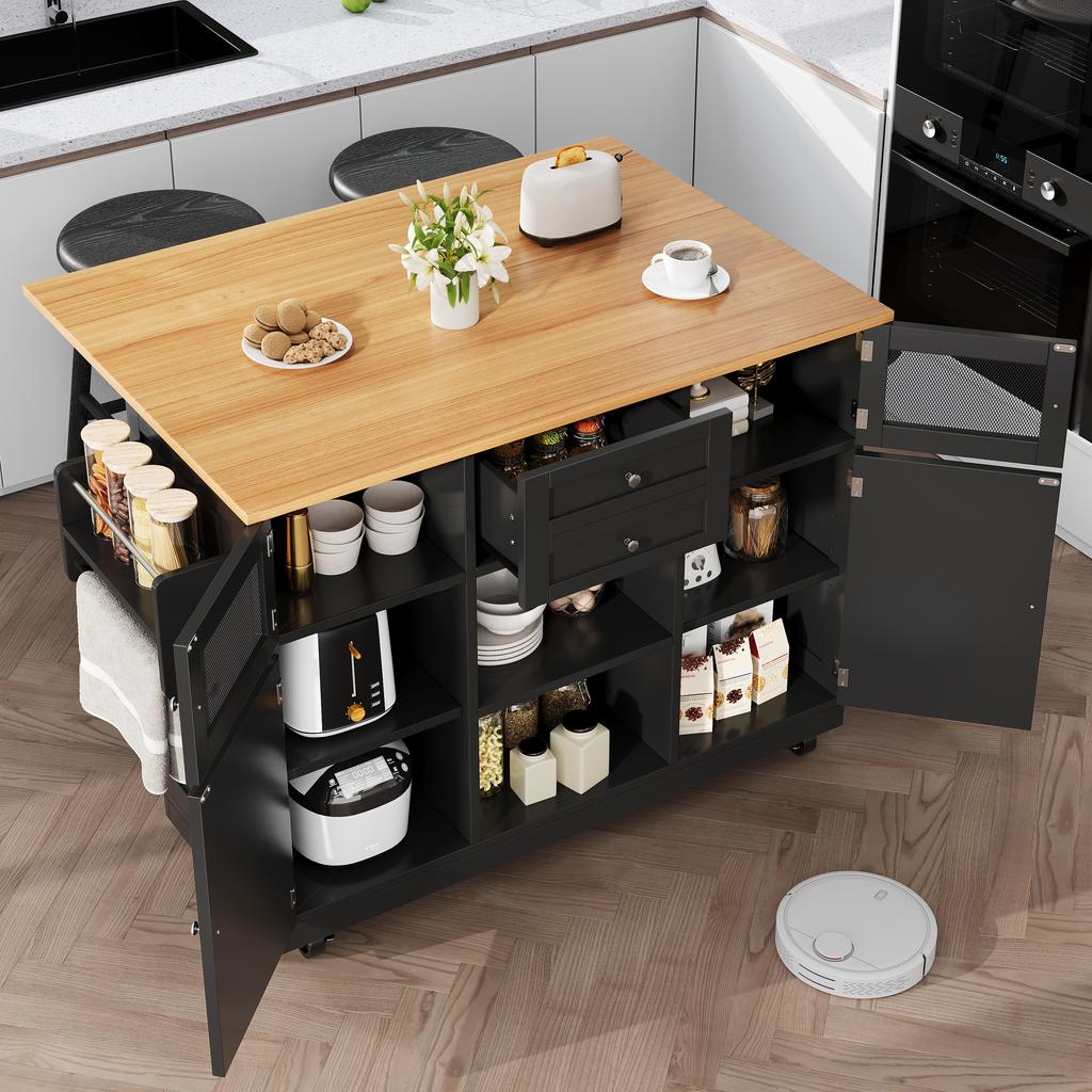 Isola cucina, carrello da pranzo con piano di lavoro, credenza, venature del legno, portasciugamani laterale, ante con rotelle, divisori regolabili, nero