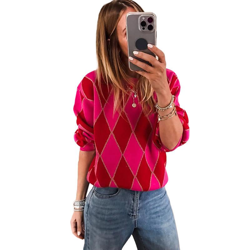 2025 Autumn/Winter Women's Casual Round Neck Color Block Print Sweater - Warm Long Sleeve Top