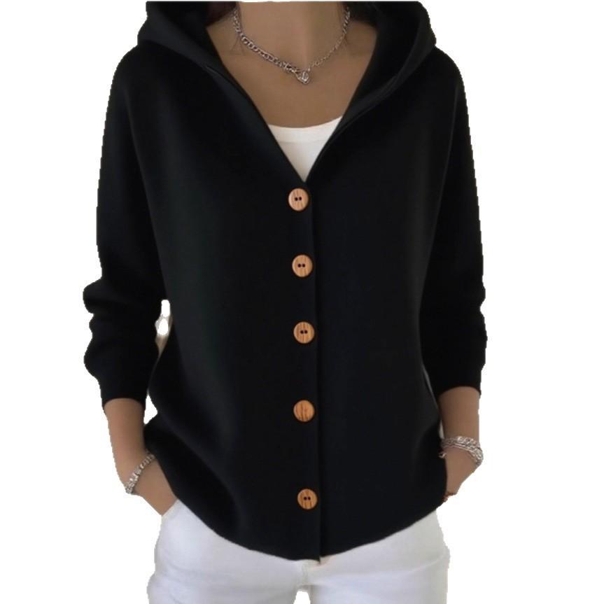 Button-knitted Hooded Sweater Cardigan, New Solid-color Casual and Fashionable Women's Wear for Autumn and Winter