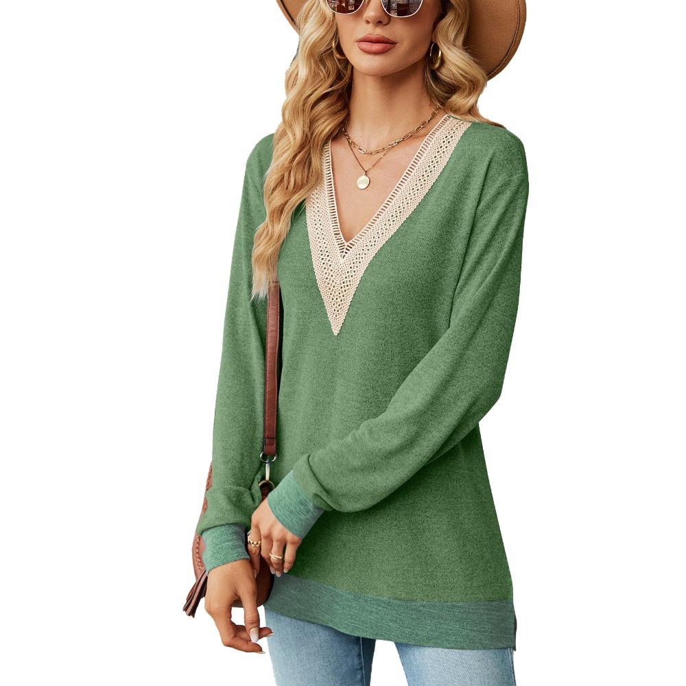 Women's Long Sleeve T-Shirt Fall/Winter Sweatshirt Women's Lace V-Neck Color-Blocked Split Hem Loose Top