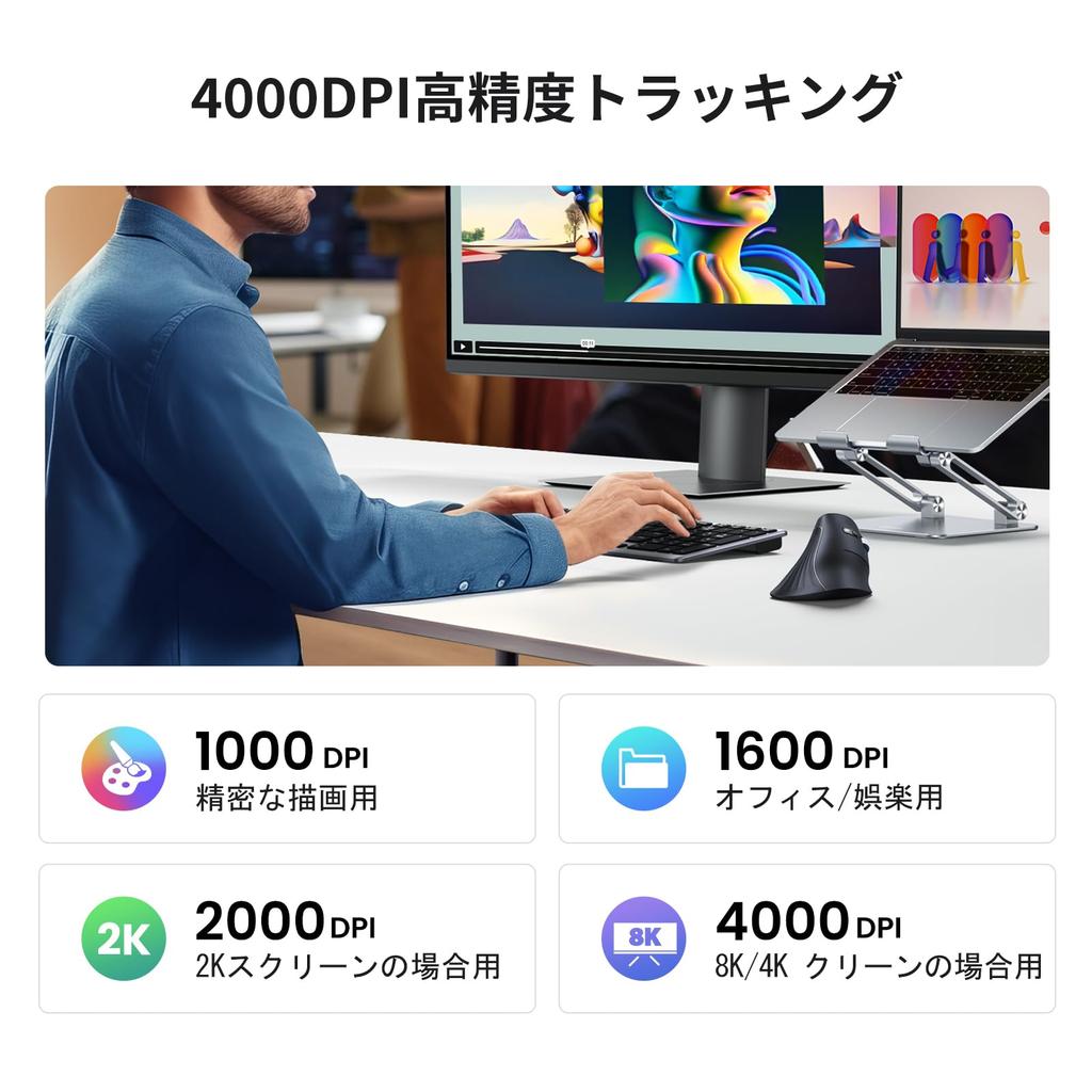 UGREEN Wireless Mouse, Vertical, Quiet, Bluetooth 5.0, 2.4GHz, 6 Buttons, 1000160020004000 DPI, Ergonomic Design, Prevents Mouse Arm Spikes,