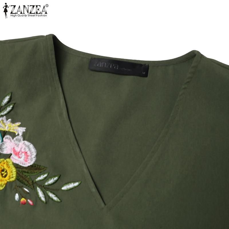 ZANZEA Vestido casual con bordado floral y manga corta con cuello en V para mujer