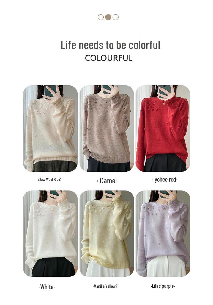 2025 Autumn/Winter Women's Pure Wool Embroidered Round Neck Knitwear Sweater: Long Sleeve, Loose Fit