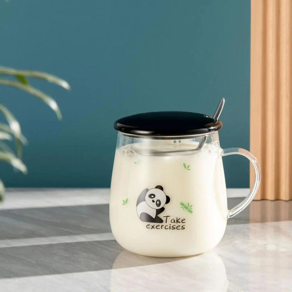 Kawaii Cups Cute Panda Glass Cup With Straw Cap Spoon Coffee Breakfast Cup Beer Mug Cups and Mugs Free Shipping Drinking Glasses