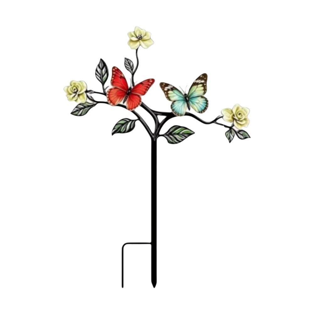 2D Flat Red Bird Garden Stake Iron Handmade Flower Branch Ground Plug Animals Pattern Funny Outdoor Yard Art Yard Ornament