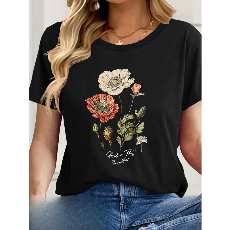 

European Size [Breathable Floral T-Shirt] Breathable, Soft Women s Floral T-Shirt - Black Floral Print with Red 4XL