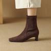 2025 Korean Version Autumn New Thick Heel Kitten and Thin Boots Suede Square Head Medium Heel Short Boots
