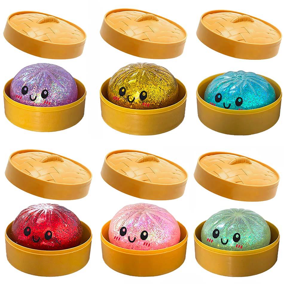 Colorful Dumpling Squishes Stress Balls Fidget Sensory Toys Simulation Food Squishies Bun with Steamer Squeeze Dough Ball Gifts