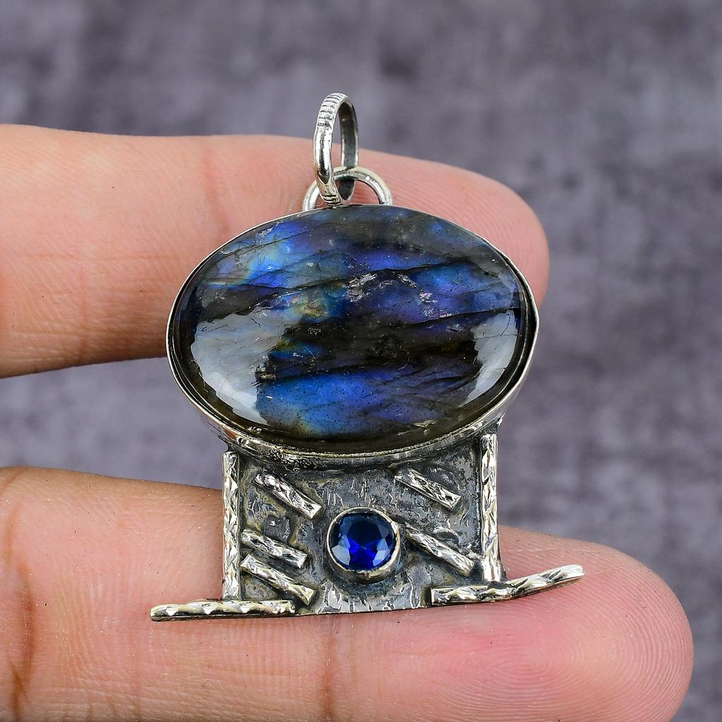 Natural Labradorite, Blue Topaz Gemstone 925 Sterling Silver Pendant 2.27" ET-1498