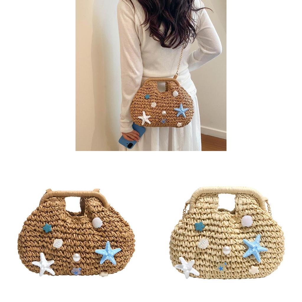Beach Vacation Straw Bag With Shell Shape And Chain Strap For Summer Resort Wear