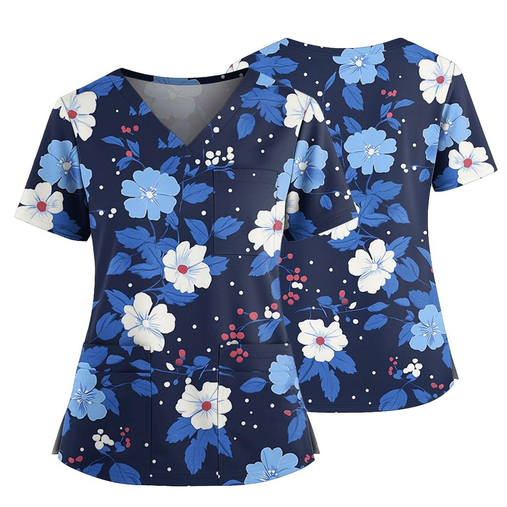 Damen Casual Bedrucktes V-Ausschnitt Taschen Seitennaht Schlitz Kurzarm Top