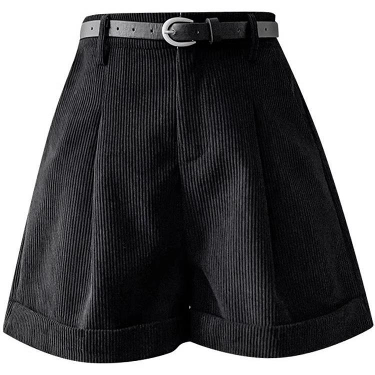 High-Waisted Corduroy A-Line Bootcut Shorts for Women - Coffee Color, Casual Autumn/Winter Wear