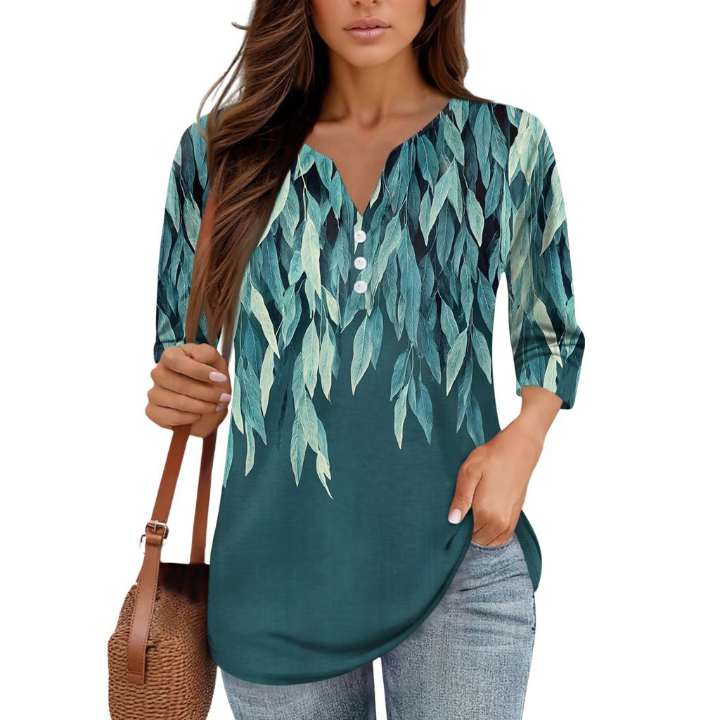 3/4 Length Sleeve Women's Tops Print Vintage Fashion Casual Loose With V Neck Plus Size Shirts Tops