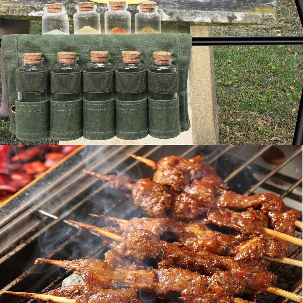 Outdoor barbecue seasoning bottle storage bag comes with 9 glass seasoning bottles. Camping barbecue seasoning set and canvas bag