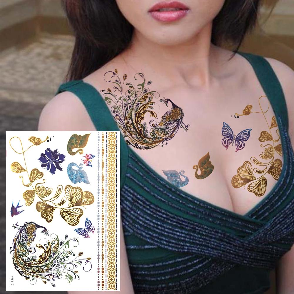 Golden Turtle Anchor Temporary Tattoo For Women Adult Realistic Compass Flower Fake Tattoo Sticker Washable Body Art Tatoo Decal