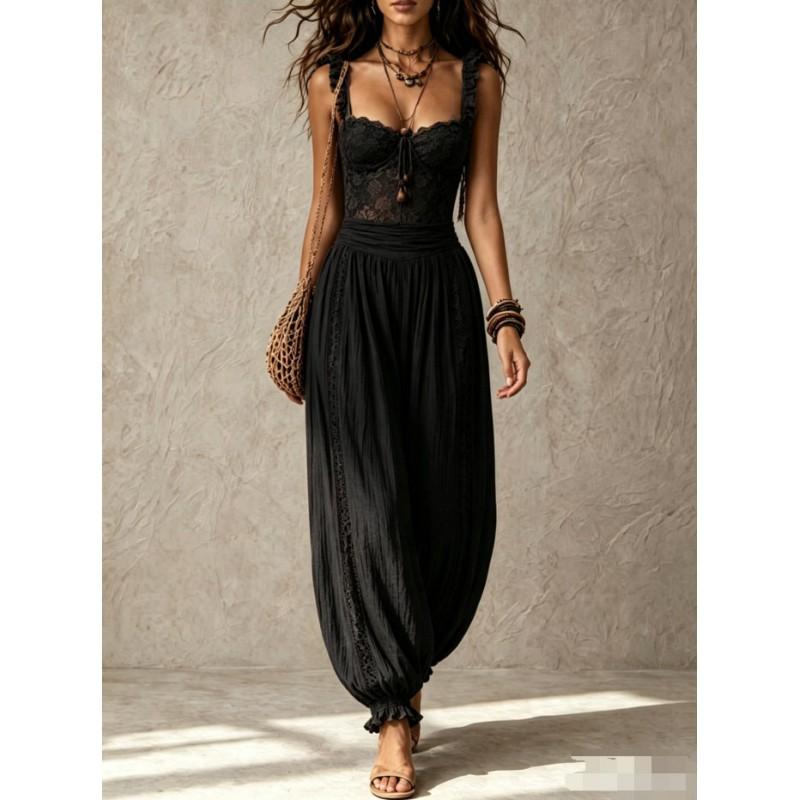 Womens Lace Trimmed Sleeveless Wide Leg Jumpsuit 2026 Boho Chic Romper In Gray Cream White Green Black Brown