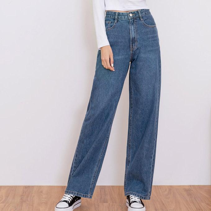 Jeans for Women Wide Fit High Waist Medium Blue Denim Pants Date Outfits Korea Fashion
