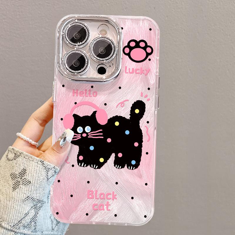 Polka dot black cat bracelet is suitable for Apple 16 feather yarn mobile phone case with bracket 15promax cute 14 lens film 17.